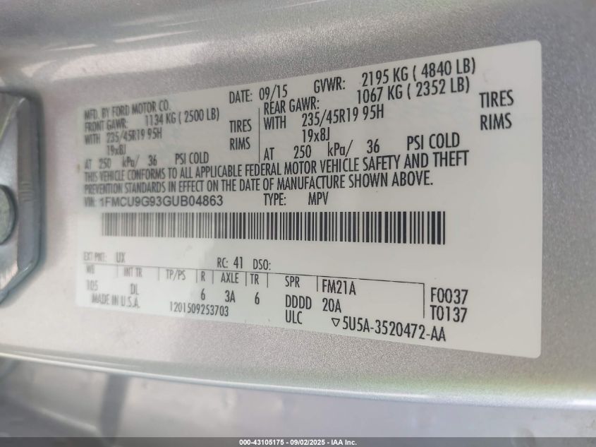 2016 Ford Escape Se VIN: 1FMCU9G93GUB04863 Lot: 43105175