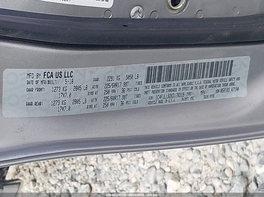 2019 Jeep Cherokee Latitude Plus Fwd VIN: 1C4PJLLB2KD178319 Lot: 43105179