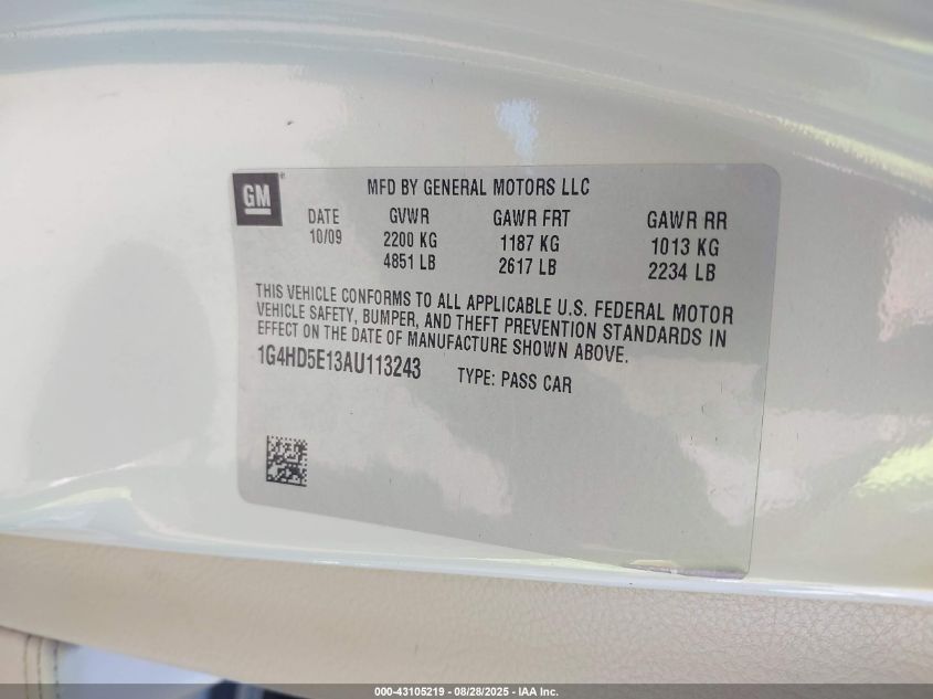 2010 Buick Lucerne Cxl Special Edition VIN: 1G4HD5E13AU113243 Lot: 43105219