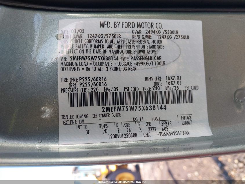 2005 Mercury Grand Marquis Ls/Lse VIN: 2MEFM75W75X638144 Lot: 43105284