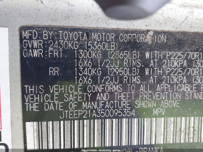 2005 Toyota Highlander V6 VIN: JTEEP21A350095354 Lot: 43105306