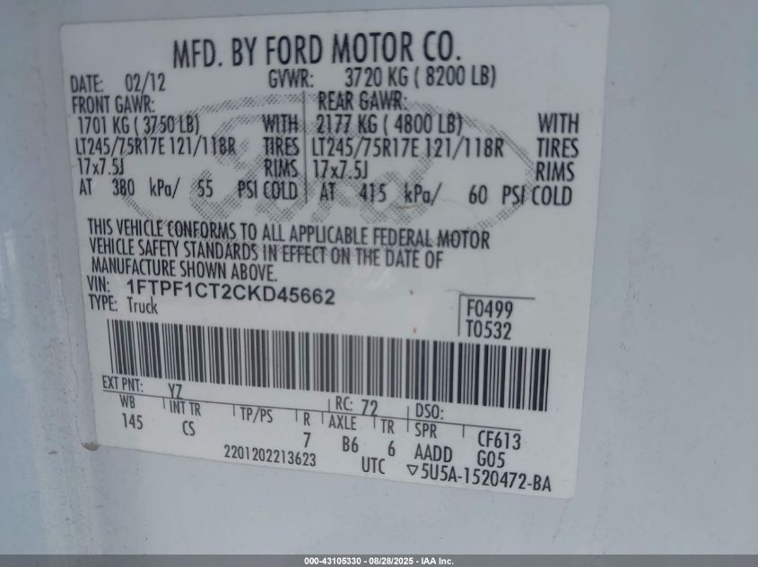 2012 Ford F150 VIN: 1FTP81CT2CKD45662 Lot: 43105330