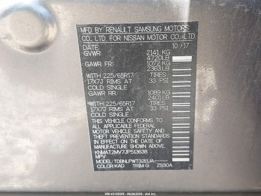 2018 Nissan Rogue S VIN: KNMAT2MV7JP513638 Lot: 43105355