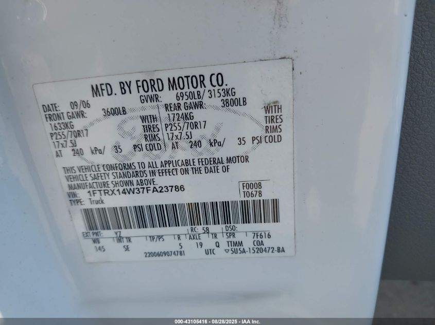 2007 Ford F-150 Fx4/Stx/Xl/Xlt VIN: 1FTRX14W37FA23786 Lot: 43105416