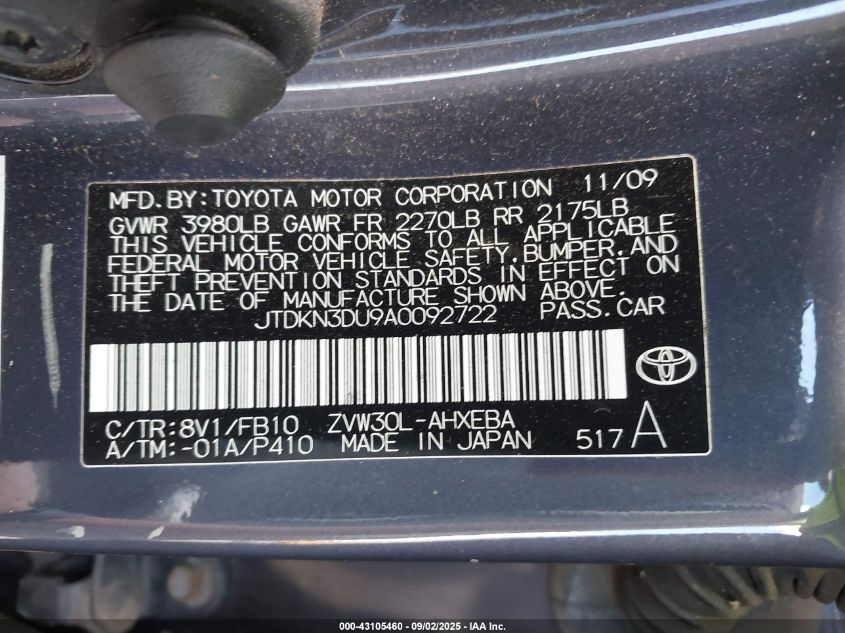 2010 Toyota Prius Ii VIN: JTDKN3DU9A0092722 Lot: 43105460