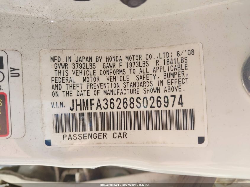 2008 Honda Civic Hybrid VIN: JHMFA36268S026974 Lot: 43105521