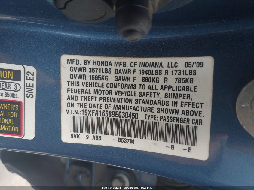 2009 Honda Civic Lx VIN: 19XFA16589E030450 Lot: 43105581