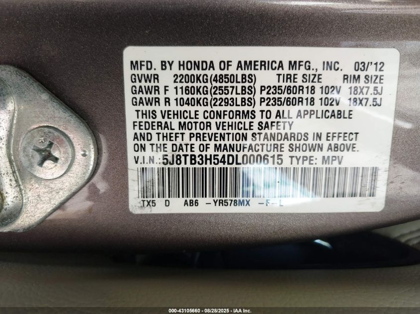 2013 Acura Rdx VIN: 5J8TB3H54DL000615 Lot: 43105660