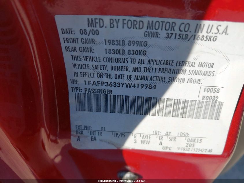 2000 Ford Focus Se VIN: 1FAFP3633YW419984 Lot: 43105694