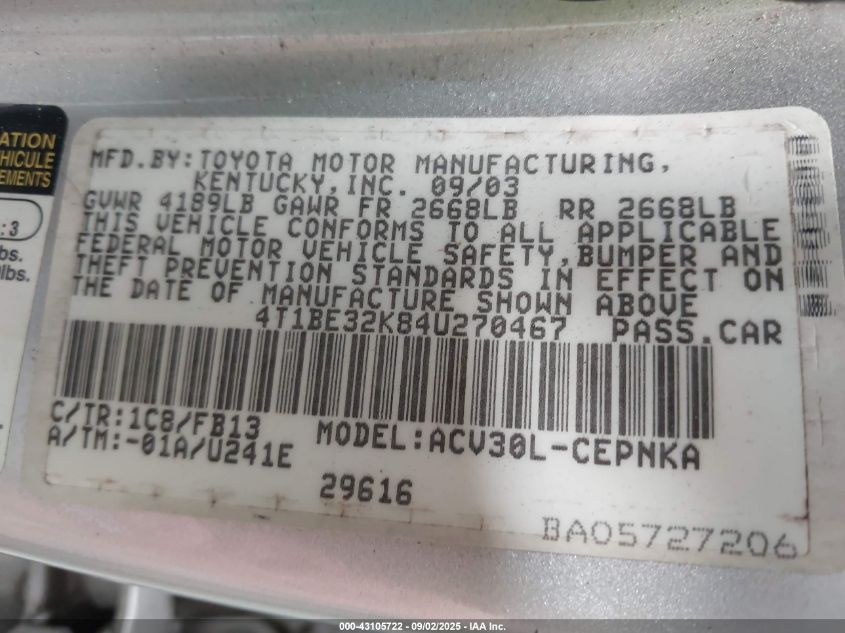 2004 Toyota Camry Le VIN: 4T1BE32K84U270467 Lot: 43105722