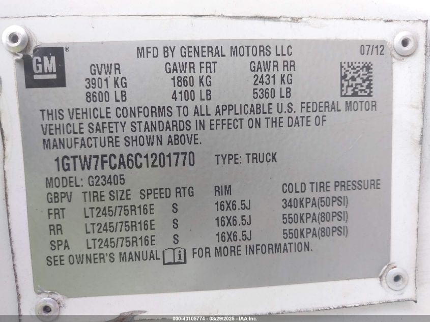 2012 GMC Savana 2500 Work Van VIN: 1GTW7FCA6C1201770 Lot: 43105774