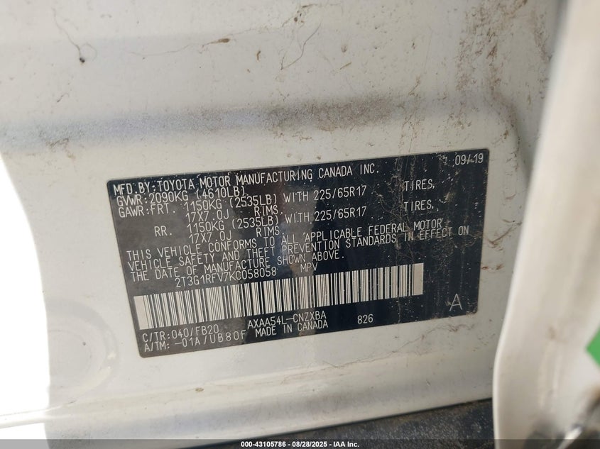 2019 TOYOTA RAV4 LE - 2T3G1RFV7KC058058