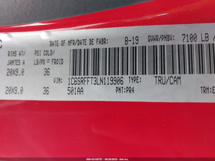 2020 Ram 1500 Big Horn VIN: 1C6SRFFT3LN119906 Lot: 43105787