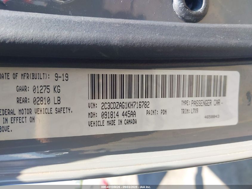 2019 Dodge Challenger Sxt VIN: 2C3CDZAG1KH716782 Lot: 43105826