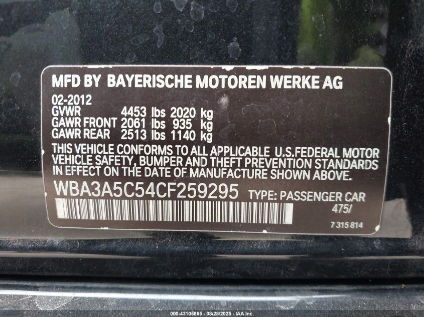2012 BMW 328I VIN: WBA3A5C54CF259295 Lot: 43105865