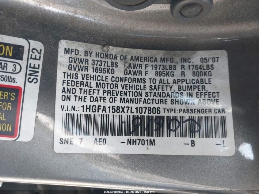 2007 Honda Civic Ex VIN: 1HGFA158X7L107806 Lot: 43105940