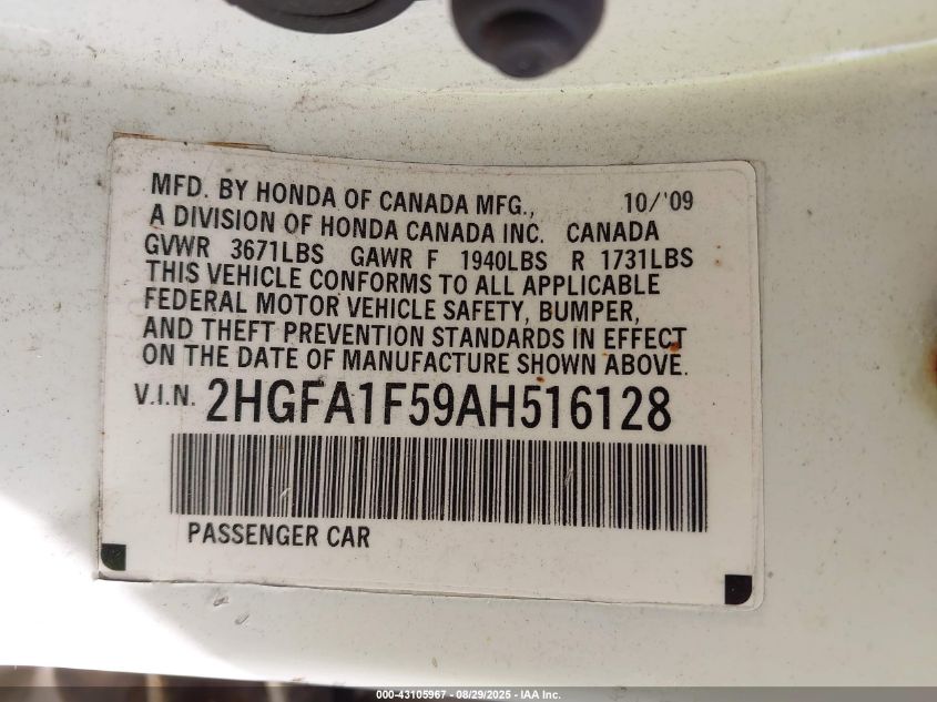 2010 Honda Civic Lx VIN: 2HGFA1F59AH516128 Lot: 43105967