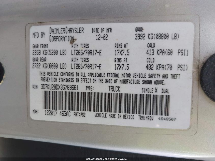 2003 Dodge Ram 2500 Slt/Laramie/St VIN: 3D7KU28DX3G769661 Lot: 43106008