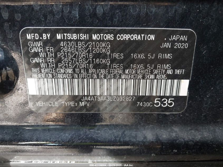 2020 Mitsubishi Eclipse Cross Es 1.5T Awc VIN: JA4AT3AA3LZ032827 Lot: 43106064