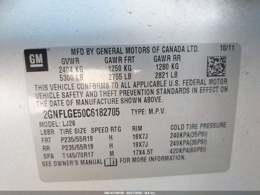 2012 Chevrolet Equinox Ltz VIN: 2GNFLGE50C6182705 Lot: 43106100