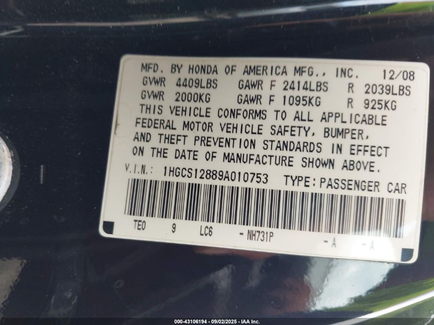 2009 Honda Accord 2.4 Ex-L VIN: 1HGCS12889A010753 Lot: 43106194