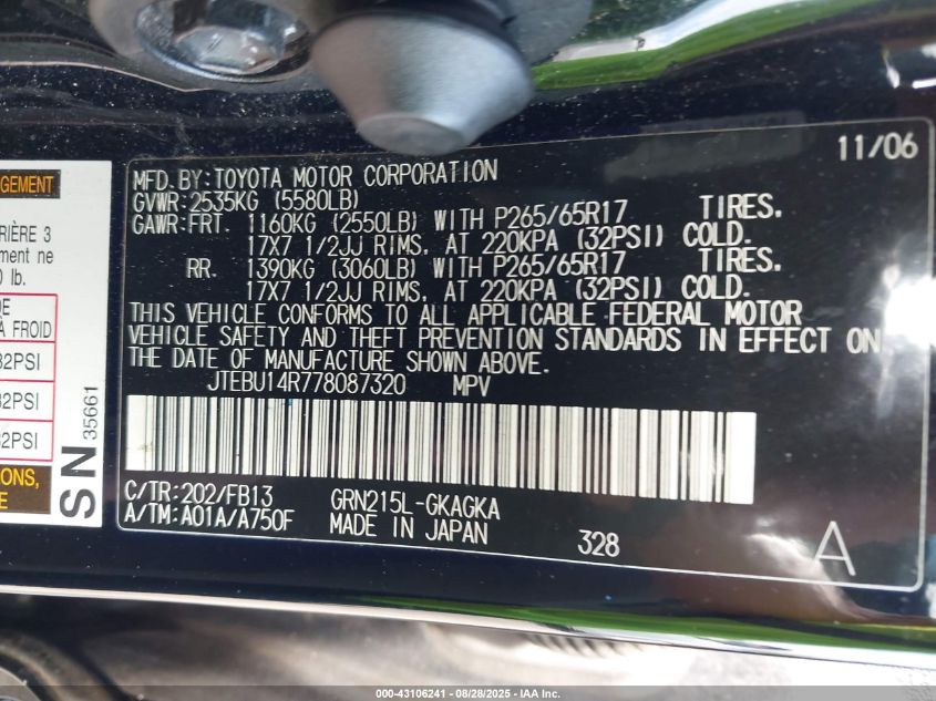 2007 Toyota 4Runner Sport V6 VIN: JTEBU14R778087320 Lot: 43106241