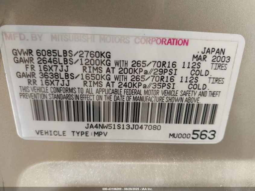 2003 Mitsubishi Montero 20Th Anniversary/Limited VIN: JA4NW51S13J047080 Lot: 43106289
