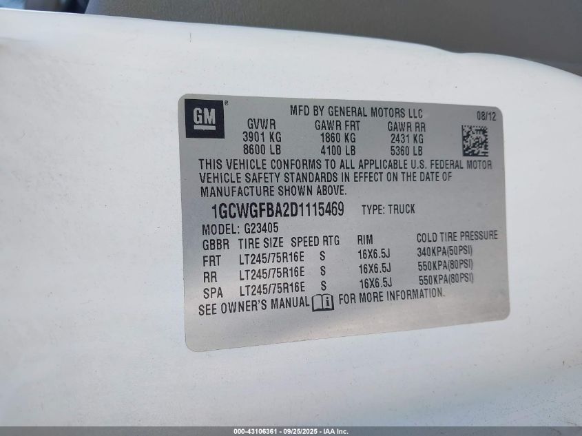 2013 Chevrolet Express 2500 Work Van VIN: 1GCWGFBA2D1115469 Lot: 43106361