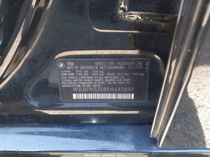 2009 BMW 328I xDrive VIN: WBAPK53589A643889 Lot: 43106382