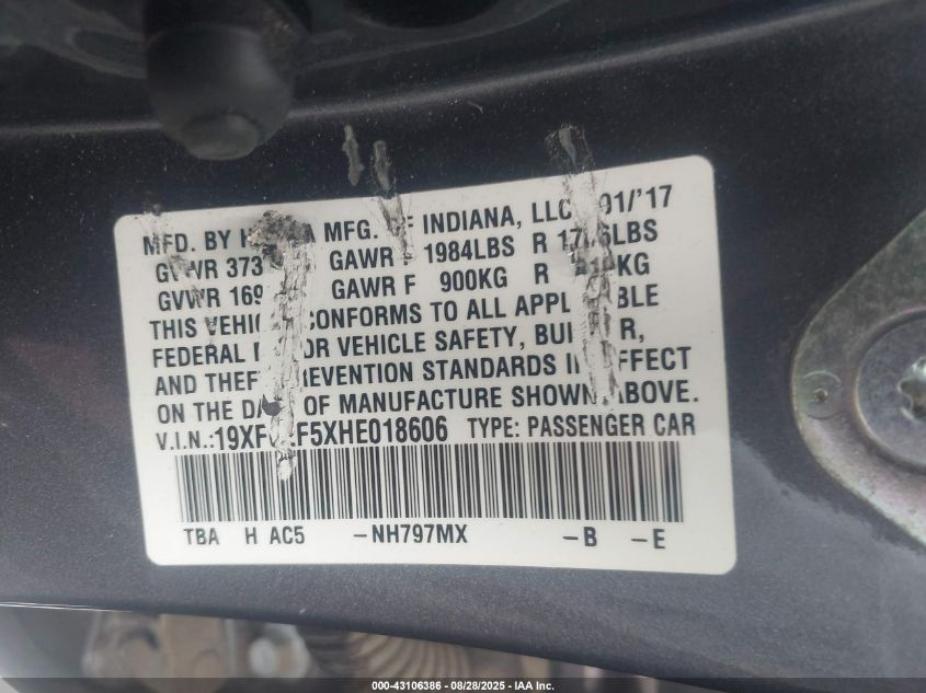 2017 Honda Civic Lx VIN: 19XFC2F5XHE018606 Lot: 43106386