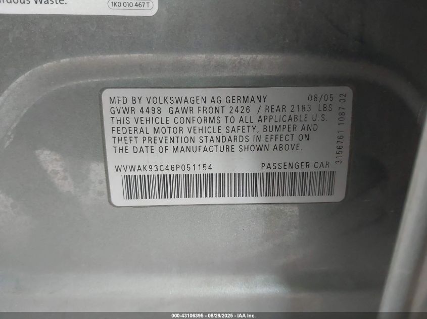 2006 Volkswagen Passat 2.0T/Value Edition VIN: WVWAK93C46P051154 Lot: 43106395