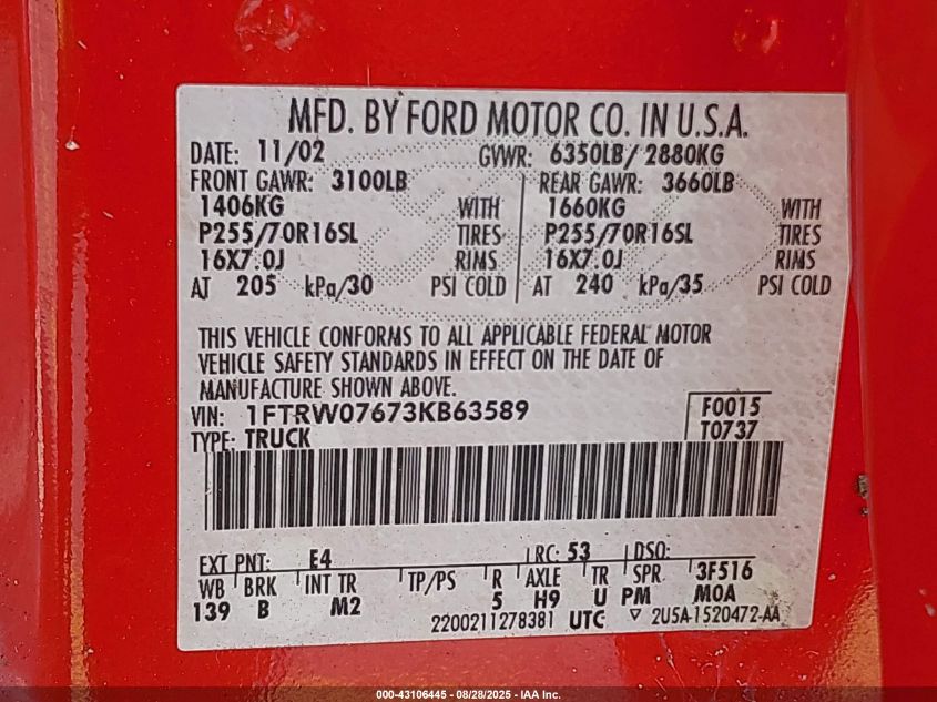 2003 Ford F-150 Lariat/Xlt VIN: 1FTRW07673KB63589 Lot: 43106445