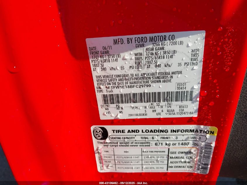 2011 Ford F-150 Xlt VIN: 1FTFW1ET8BFC29799 Lot: 43106462