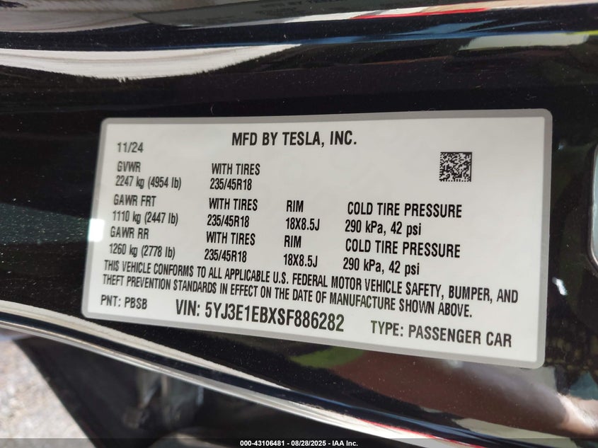 2025 Tesla Model 3 Long Range All-Wheel Drive VIN: 5YJ3E1EBXSF886282 Lot: 43106481