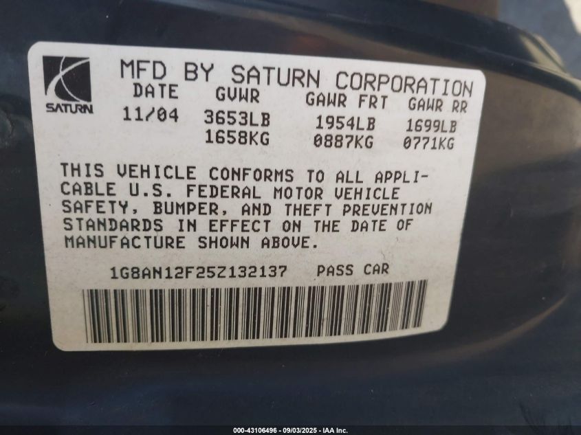 2005 Saturn Ion 2 VIN: 1G8AN12F25Z132137 Lot: 43106496