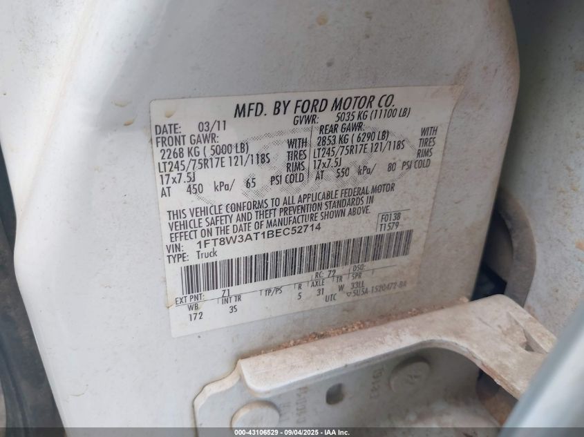 2011 Ford F350 Super Duty VIN: 1FT8W3AT1BEC52714 Lot: 43106529