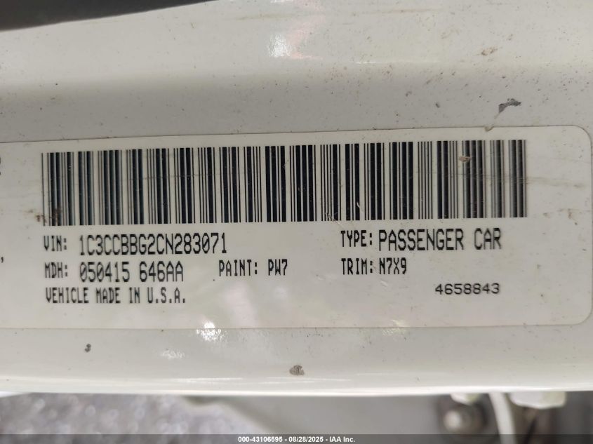 2012 Chrysler 200 Touring VIN: 1C3CCBBG2CN283071 Lot: 43106595