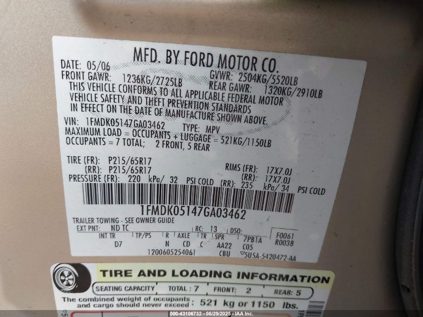 2007 Ford Freestyle Sel VIN: 1FMDK05147GA03462 Lot: 43106732