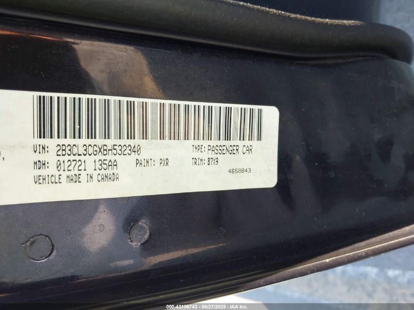 2011 Dodge Charger VIN: 2B3CL3CGXBH532340 Lot: 43106743