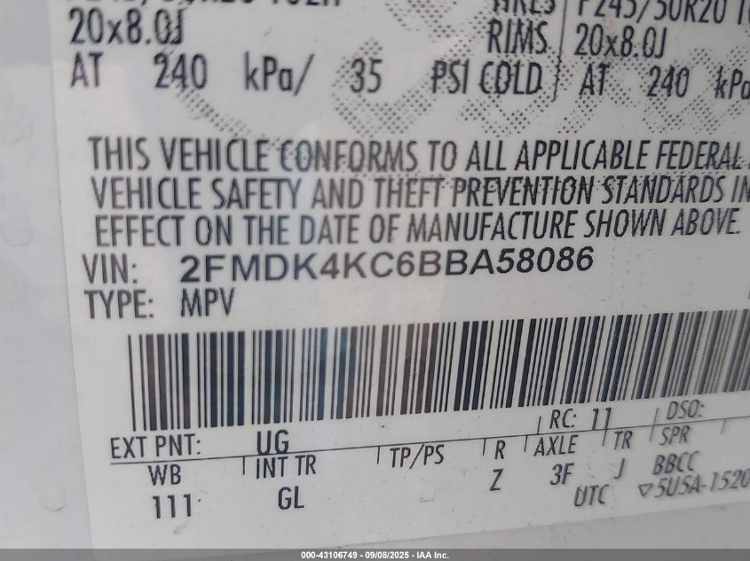 2011 Ford Edge Limited VIN: 2FMDK4KC6BBA58086 Lot: 43106749