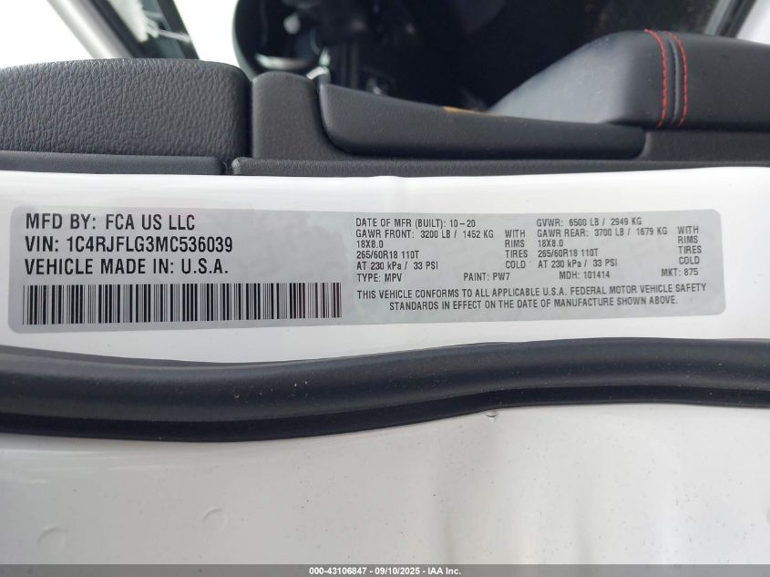 2021 Jeep Grand Cherokee Trailhawk 4X4 VIN: 1C4RJFLG3MC536039 Lot: 43106847