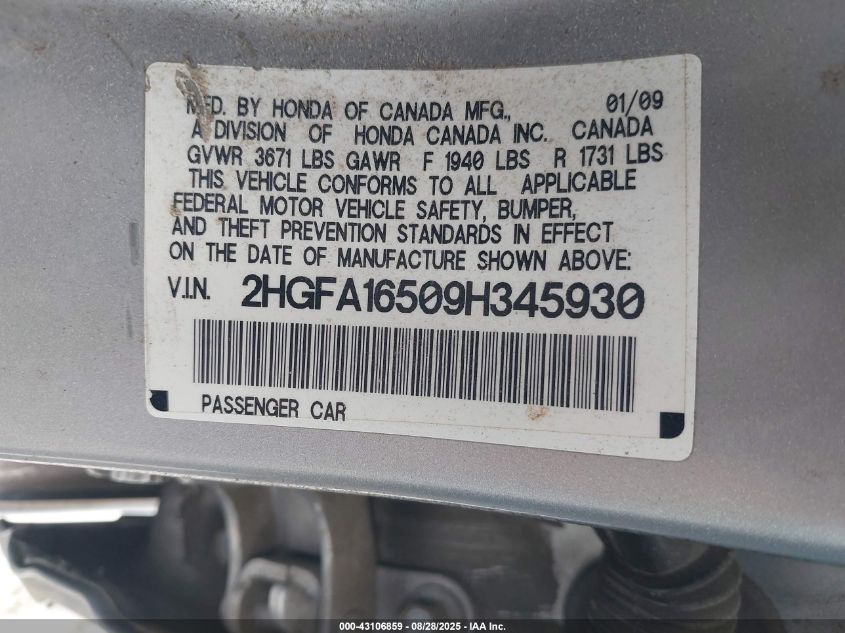 2009 Honda Civic Lx VIN: 2HGFA16509H345930 Lot: 43106859