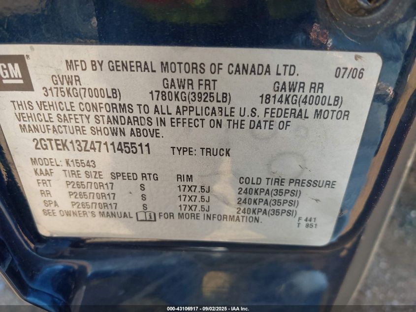 2007 GMC Sierra 1500 Classic Sle2 VIN: 2GTEK13Z471145511 Lot: 43106917
