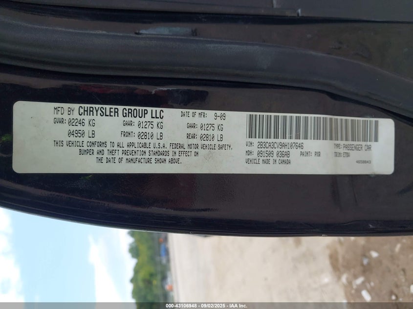 2010 Dodge Charger Sxt VIN: 2B3CA3CV9AH107646 Lot: 43106948