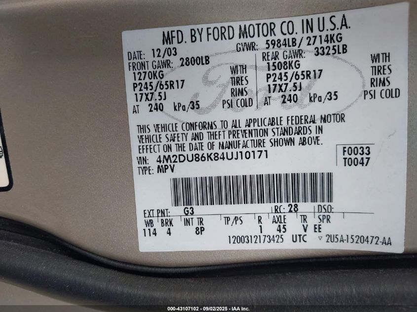 2004 Mercury Mountaineer VIN: 4M2DU86K840J10171 Lot: 43107102