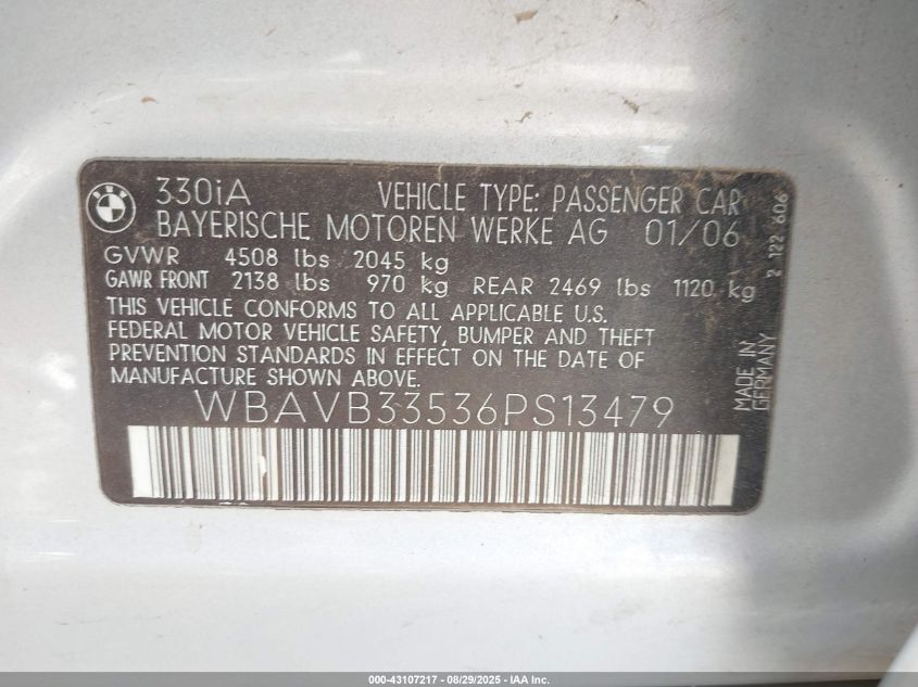 2006 BMW 330I VIN: WBAVB33536PS13479 Lot: 43107217