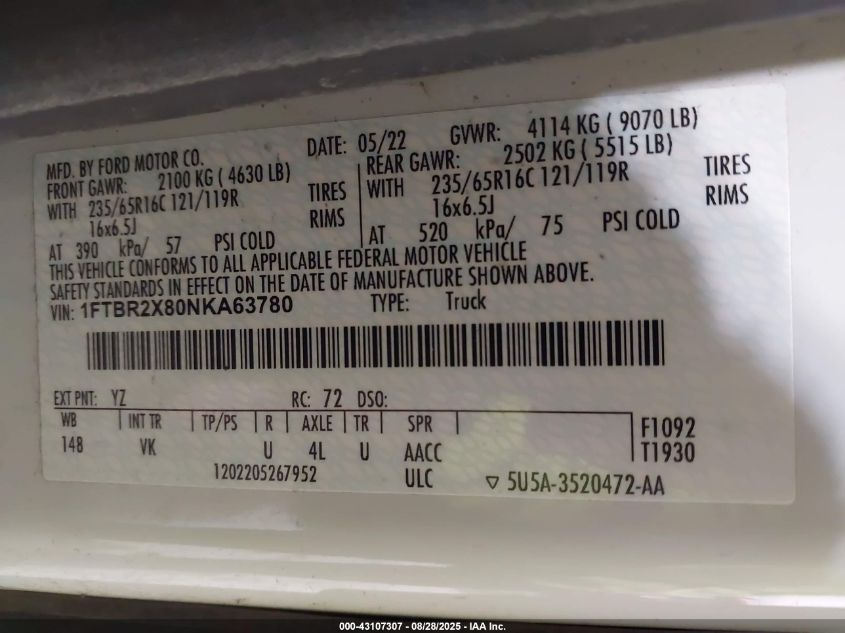 2022 Ford Transit-250 - 1FTBR2X80NKA63780