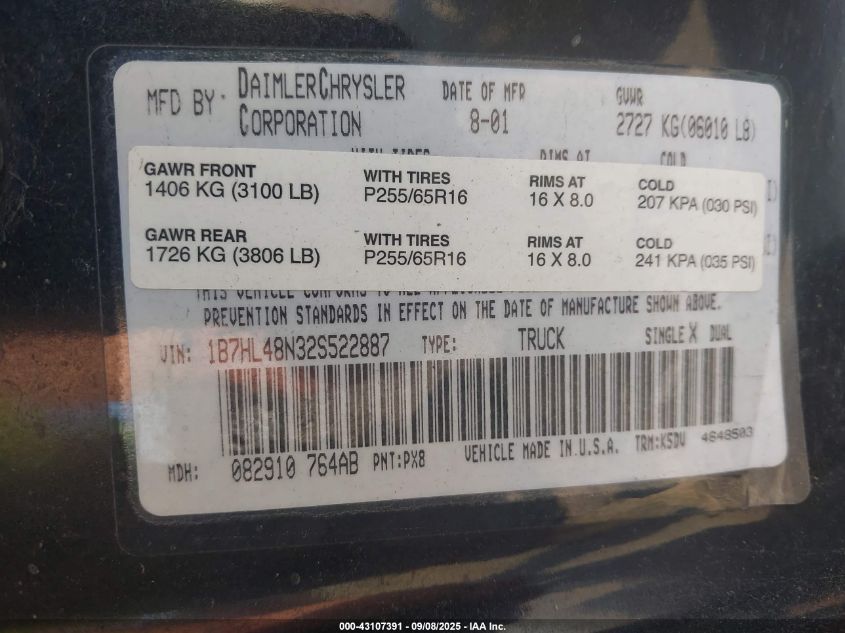 2002 Dodge Dakota Quad Slt VIN: 1B7HL48N32S522887 Lot: 43107391
