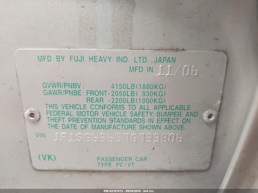 2007 Subaru Forester 2.5X VIN: JF1SG63657G733806 Lot: 43107413