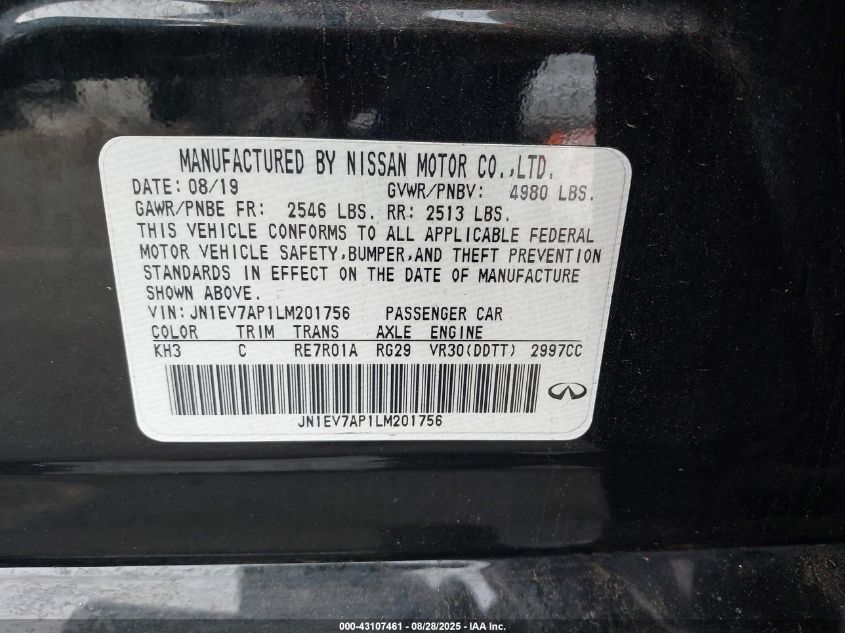 2020 Infiniti Q50 Luxe VIN: JN1EV7AP1LM201756 Lot: 43107461